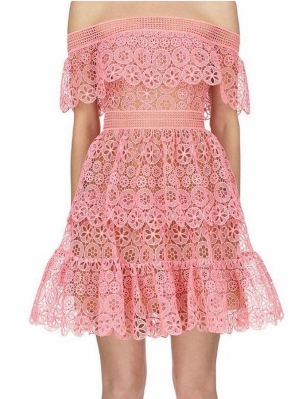 Self-Portrait Pink Off-Shoulder Lace Mini Dress